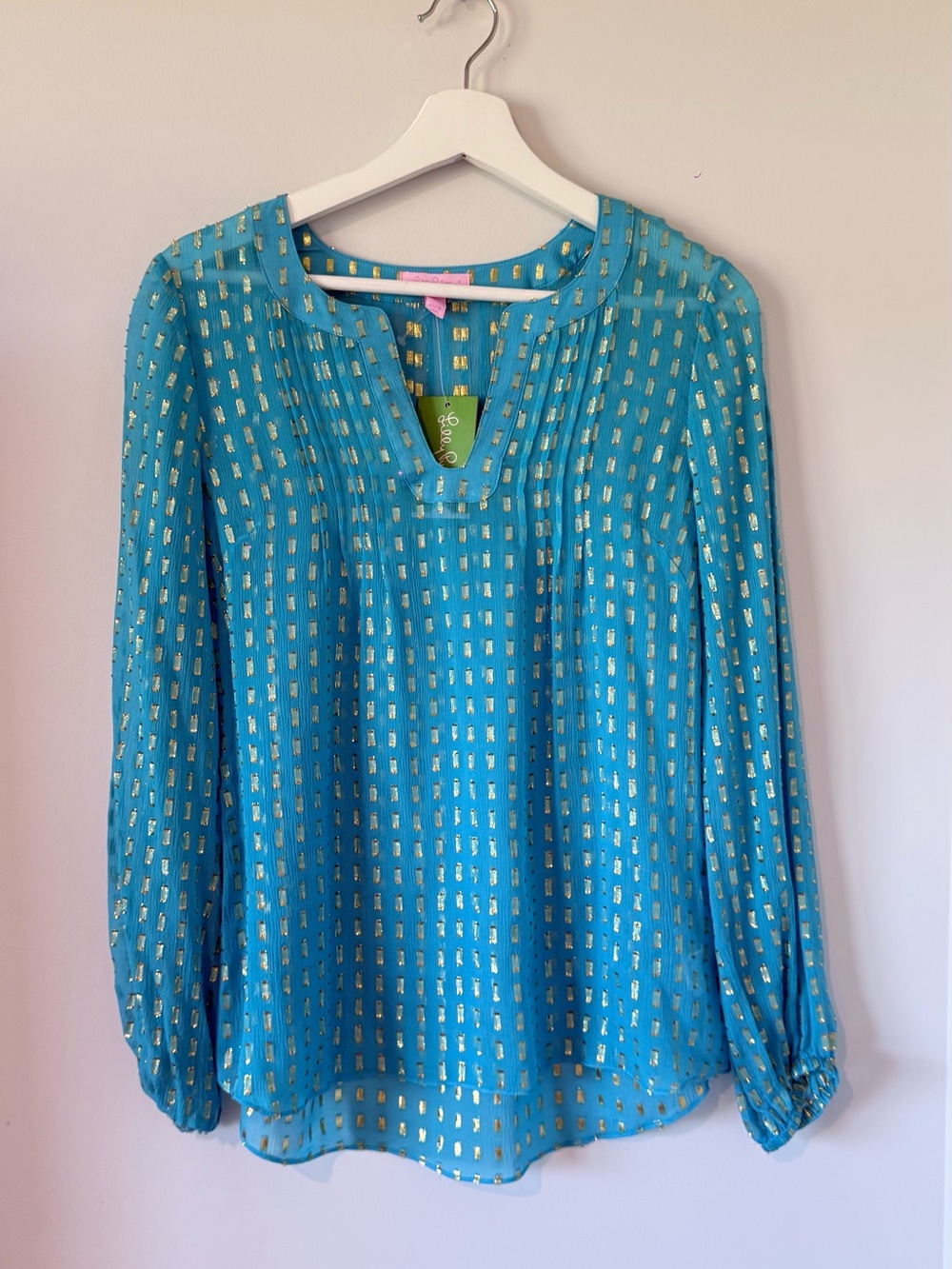 NWT Lilly Pulitzer Colby Sheer 100% Silk Blouse Aqua Blue Gold Metallic Women S